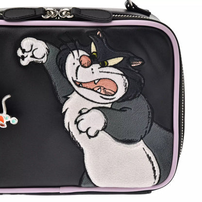 Disney Store Japan Cat Day makeup pouch. A soft zippered cosmetic bag in muted grey and beige tones, embroidered with Disney villain cat Lucifer. Features gold zipper details and antique-style lining.