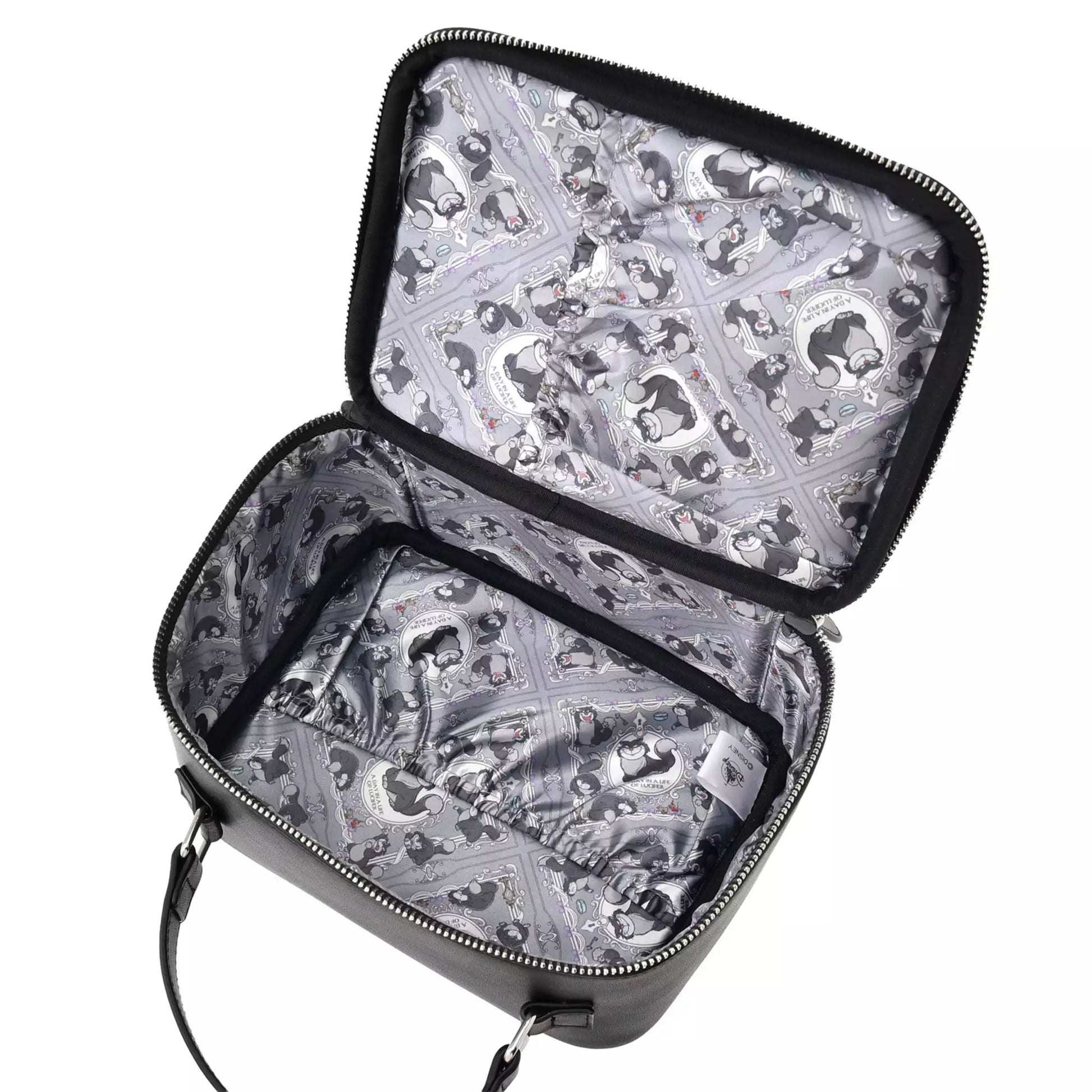 Disney Store Japan Cat Day makeup pouch. A soft zippered cosmetic bag in muted grey and beige tones, embroidered with Disney villain cat Lucifer. Features gold zipper details and antique-style lining.