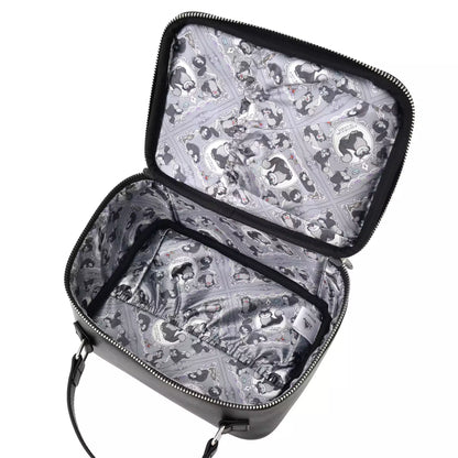 Disney Store Japan Cat Day makeup pouch. A soft zippered cosmetic bag in muted grey and beige tones, embroidered with Disney villain cat Lucifer. Features gold zipper details and antique-style lining.