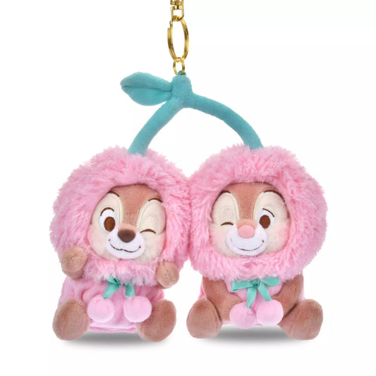 Glossy Fruits series keychain with transparent fruit design and Chip 'n Dale charm. Aesthetic red and pink accessories from Disney Store Japan.