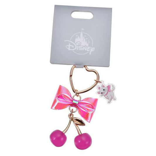 Keychain with pink bow, heart-shaped ring, cherry charm, and Marie Aristocats. Exclusive from Disney Store Japan.
