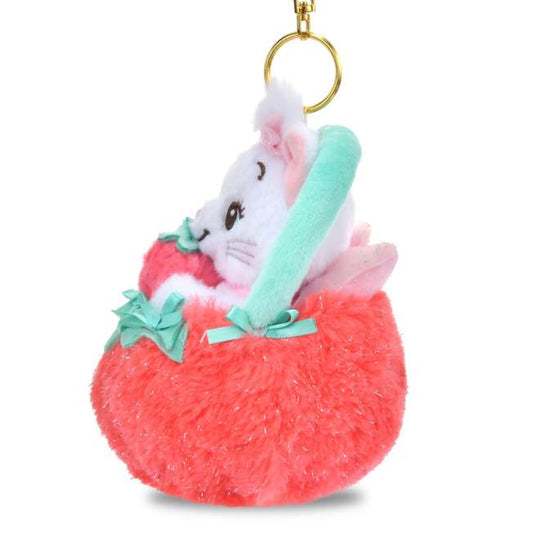 Glossy Fruits series keychain with transparent fruit design and Marie Aristocats charm. Aesthetic red and pink accessories from Disney Store Japan.