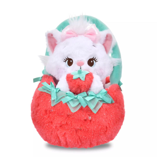 Disney Marie cat plush from Glossy Fruits collection. Marie is wearing a pink and red gingham ribbon with glossy cherry accessories. Soft white fur with fruit-themed details.