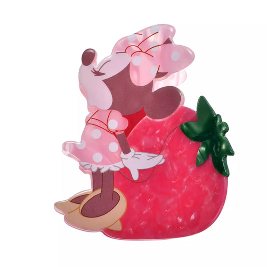 Minnie Mouse on a strawberry in a die-cut shape. A Hair Clip exclusive from Disney Store Japan.