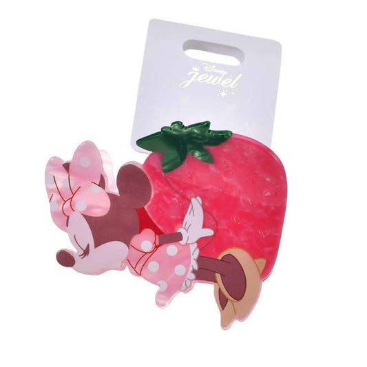 Minnie Mouse on a strawberry in a die-cut shape. A Hair Clip exclusive from Disney Store Japan.
