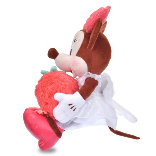 Disney Store Japan Glossy Fruits Minnie Mouse plush. Minnie is wearing a red gingham dress with cherry fruit details and a matching red bow. Japan exclusive Valentine's aesthetic.