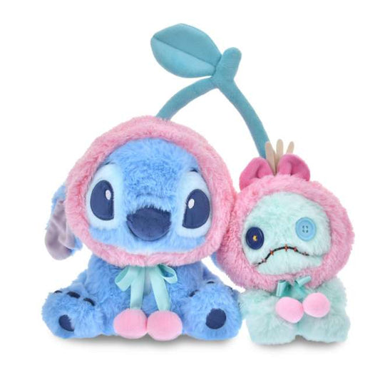 Disney Store Japan Glossy Fruits Stitich and Scrump plush. Stitich and Scrump are wearing a pink cherry fruit shape hat. Japan exclusive aesthetic.