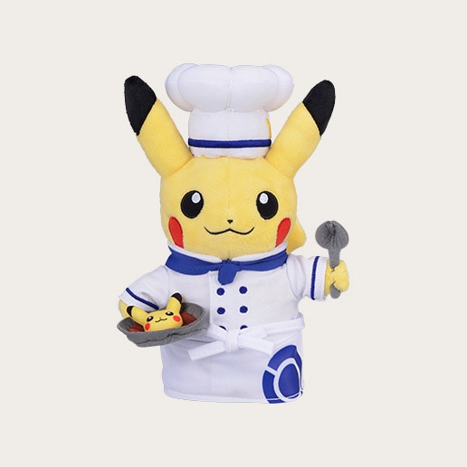 Plush toy of Pikachu dressed as a chef holding a pan with a small Pikachu representing a curry dish served at Pokemon Cafe. Shop at LEALEA MART.