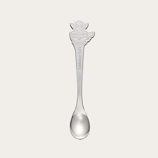 Silver teaspoon with the logo of Pokemon Cafe on the top.