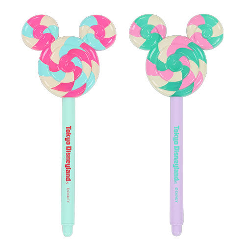 Two colorful lollipop-shaped pens with Mickey Mouse ears on a white background, featuring Tokyo Disneyland branding.