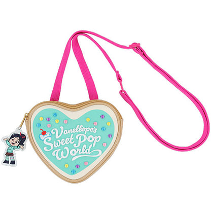 Heart-shaped bag with 'Vanellope's Sweet Pop World' text and pink strap.