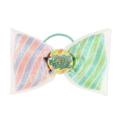 Colorful striped hair bow with a small charm featuring Vanellope's Sweet Pop World.