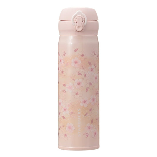 Starbucks Japan SAKURA Shine Brightly 2026 collection merchandise. Limited edition series featuring glitter pink stainless bottles, Stanley collaboration tumblers in pink gradient, and color-changing cups. The design theme highlights vivid spring colors, metallic gold accents, and bright cherry blossom patterns.