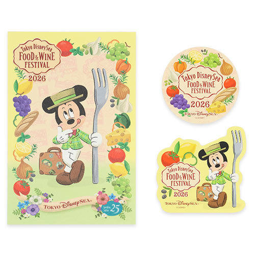 Tokyo DisneySea 2026 Food & Wine Festival souvenir postcard and sticker. The artwork depicts Mickey Mouse dressed in a culinary-themed outfit, exploring the festival's food stalls at the Mediterranean Harbor.