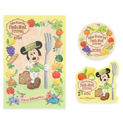 Tokyo DisneySea 2026 Food & Wine Festival souvenir postcard and sticker. The artwork depicts Mickey Mouse dressed in a culinary-themed outfit, exploring the festival's food stalls at the Mediterranean Harbor.