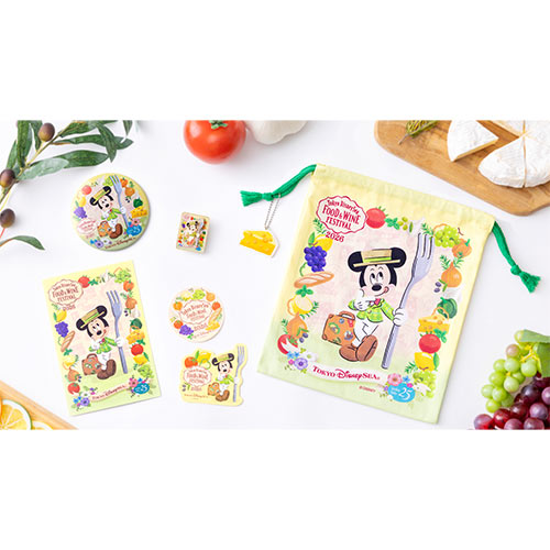 Tokyo DisneySea 2026 Food & Wine Festival souvenir postcard and sticker. The artwork depicts Mickey Mouse dressed in a culinary-themed outfit, exploring the festival's food stalls at the Mediterranean Harbor.