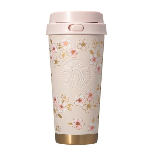 Starbucks Japan SAKURA Shine Brightly 2026 collection merchandise. Limited edition series featuring glitter pink stainless bottles, Stanley collaboration tumblers in pink gradient, and color-changing cups. The design theme highlights vivid spring colors, metallic gold accents, and bright cherry blossom patterns.