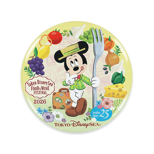 Tokyo DisneySea 2026 Food & Wine Festival souvenir can badge. The artwork depicts Mickey Mouse dressed in a culinary-themed outfit, exploring the festival's food stalls at the Mediterranean Harbor.