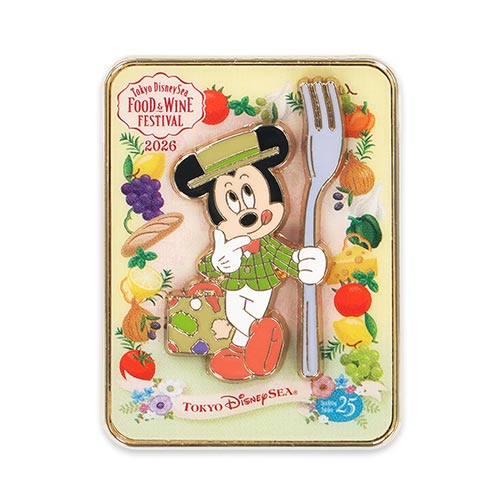 Tokyo DisneySea 2026 Food & Wine Festival souvenir pin. The artwork depicts Mickey Mouse dressed in a culinary-themed outfit, exploring the festival's food stalls at the Mediterranean Harbor.