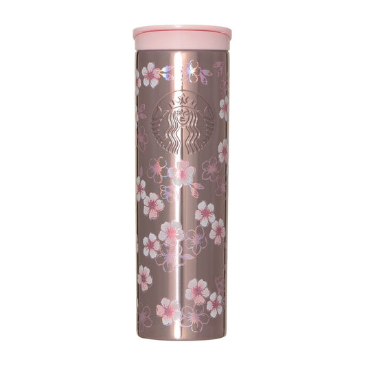 Starbucks Japan SAKURA Shine Brightly 2026 collection merchandise. Limited edition series featuring glitter pink stainless bottles, Stanley collaboration tumblers in pink gradient, and color-changing cups. The design theme highlights vivid spring colors, metallic gold accents, and bright cherry blossom patterns.
