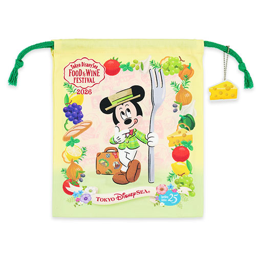 Tokyo DisneySea 2026 Food & Wine Festival souvenir string bag. The artwork depicts Mickey Mouse dressed in a culinary-themed outfit, exploring the festival's food stalls at the Mediterranean Harbor.