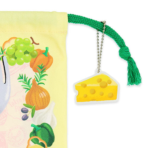 Tokyo DisneySea 2026 Food & Wine Festival souvenir string bag. The artwork depicts Mickey Mouse dressed in a culinary-themed outfit, exploring the festival's food stalls at the Mediterranean Harbor.