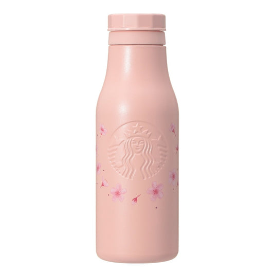 Starbucks Japan SAKURA Shine Brightly 2026 collection merchandise. Limited edition series featuring glitter pink stainless bottles, Stanley collaboration tumblers in pink gradient, and color-changing cups. The design theme highlights vivid spring colors, metallic gold accents, and bright cherry blossom patterns.