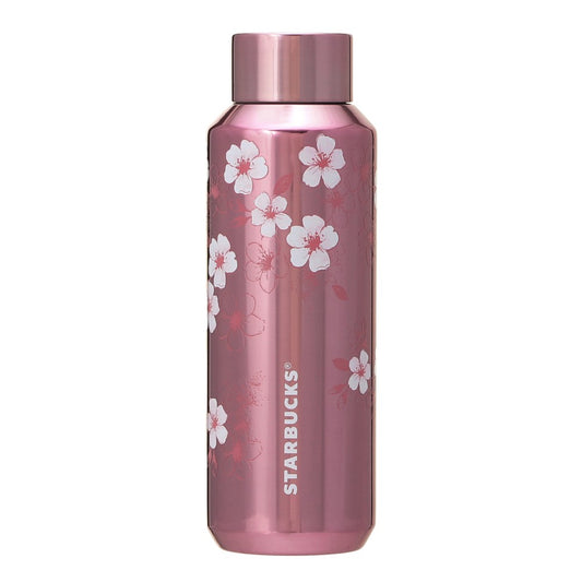 Starbucks Japan SAKURA Shine Brightly 2026 collection merchandise. Limited edition series featuring glitter pink stainless bottles, Stanley collaboration tumblers in pink gradient, and color-changing cups. The design theme highlights vivid spring colors, metallic gold accents, and bright cherry blossom patterns.