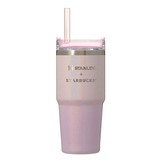 Starbucks Japan SAKURA Shine Brightly 2026 collection merchandise. Limited edition series featuring glitter pink stainless bottles, Stanley collaboration tumblers in pink gradient, and color-changing cups. The design theme highlights vivid spring colors, metallic gold accents, and bright cherry blossom patterns.