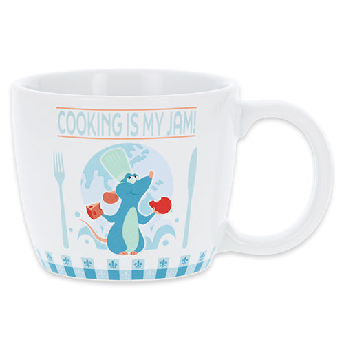 A mug featuring Chef Remy from the 'Food & Wine Festival 2026' collection. The design includes motifs of cheese, grapes, and wine, perfect for making your dining table lively as described in the festival theme.