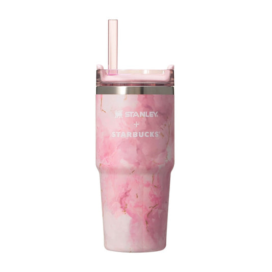 Starbucks Japan SAKURA Shine Brightly 2026 collection merchandise. Limited edition series featuring glitter pink stainless bottles, Stanley collaboration tumblers in pink gradient, and color-changing cups. The design theme highlights vivid spring colors, metallic gold accents, and bright cherry blossom patterns.
