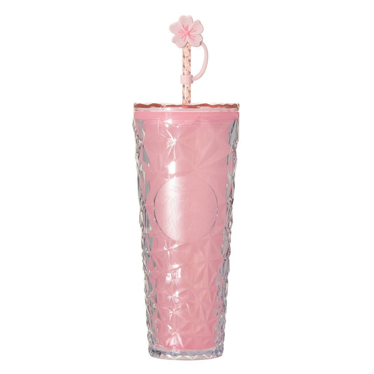 Starbucks Japan SAKURA Shine Brightly 2026 collection merchandise. Limited edition series featuring glitter pink stainless bottles, Stanley collaboration tumblers in pink gradient, and color-changing cups. The design theme highlights vivid spring colors, metallic gold accents, and bright cherry blossom patterns.