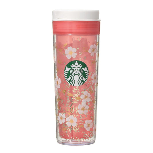 Starbucks Japan SAKURA Shine Brightly 2026 collection merchandise. Limited edition series featuring glitter pink stainless bottles, Stanley collaboration tumblers in pink gradient, and color-changing cups. The design theme highlights vivid spring colors, metallic gold accents, and bright cherry blossom patterns.