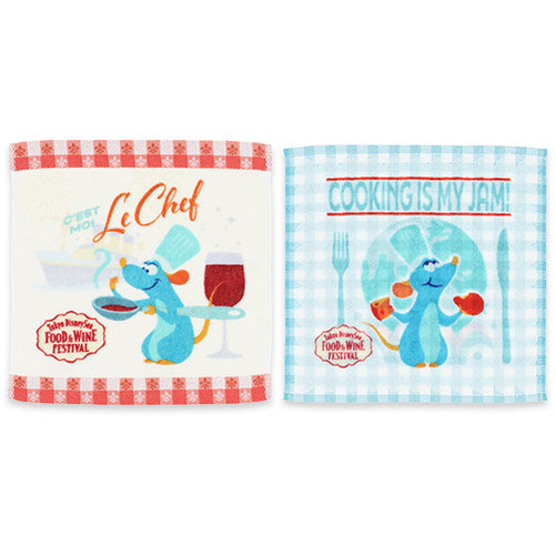 Two kitchen towels with Remy text, one red and white checkered, the other blue and white checkered.
