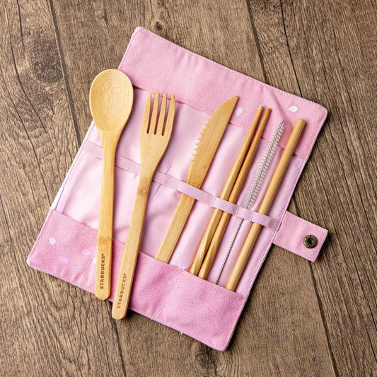 Hong Kong Starbucks - Bamboo Foodware with Pink Carrying Pouch